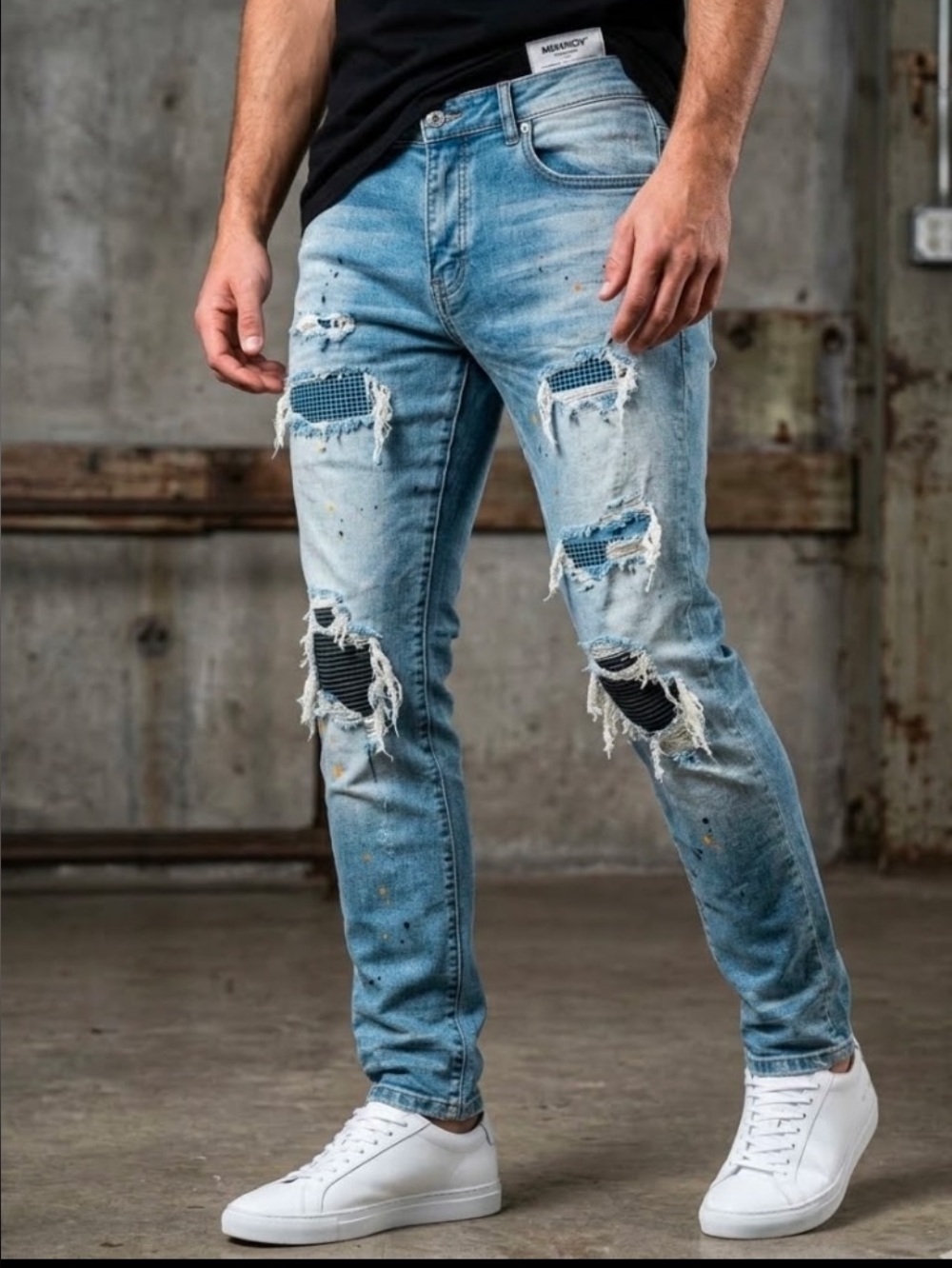 Ferrari Massari Men's Light Blue Ripped Skinny Jeans with Black Underpatch